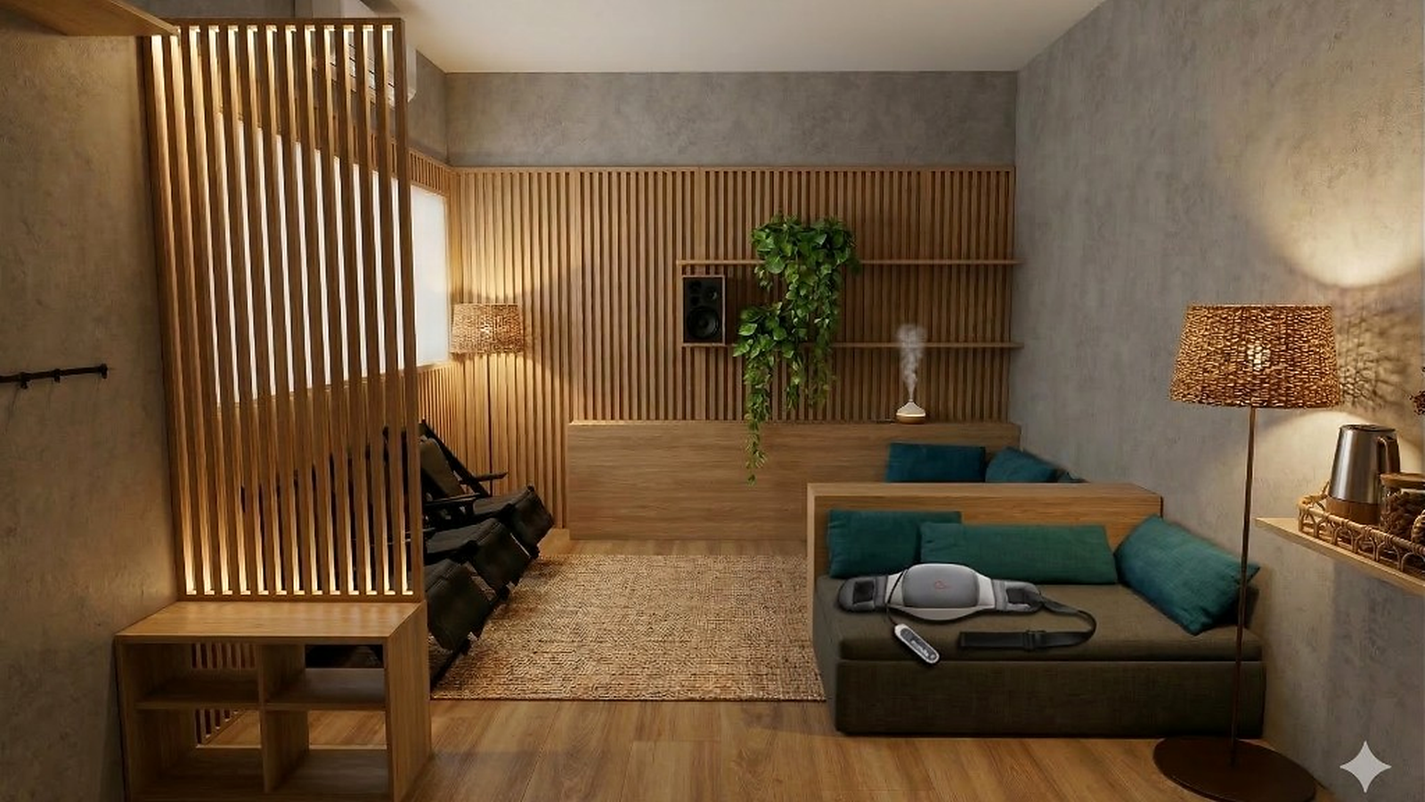 Vista frontal da Sala Lunins — iluminação quente com equipamentos de massagem e cinta de drenagem visíveis.