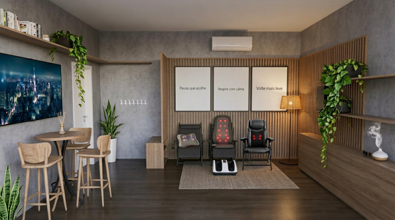 Vista lateral direita — com equipamentos de massagem e detalhes Lunins.