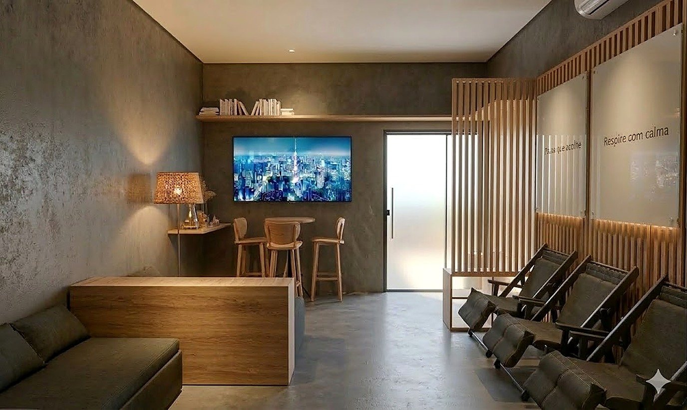 Vista posterior da Sala Lunins — condição diurna (render de referência).